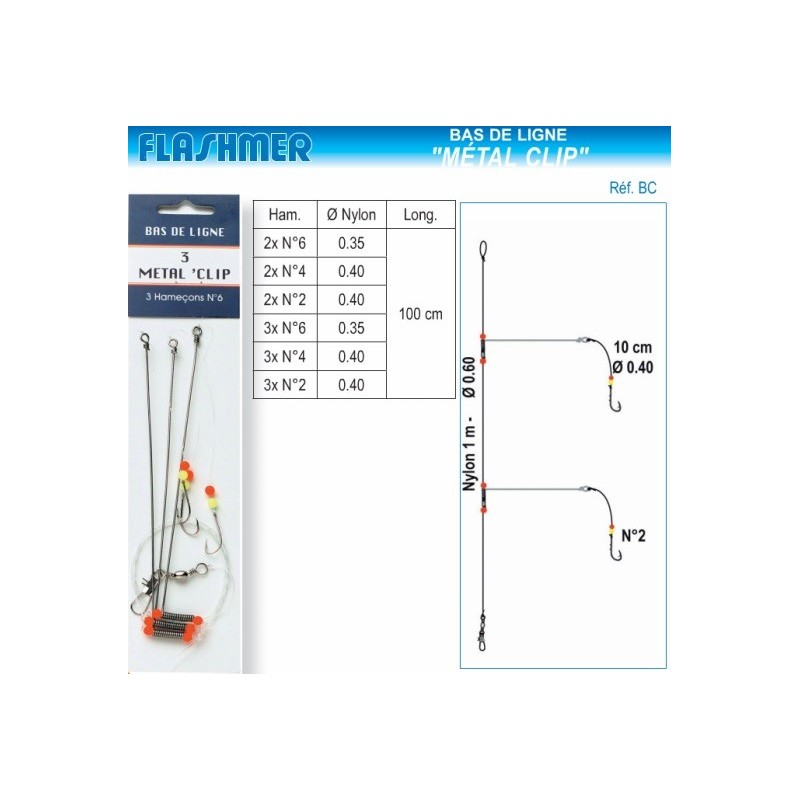 BAS DE LIGNE  FLASHMER METAL'CLIP - 3 HAMECONS N° 6 - en stock - Montages Mer / Surfcasting