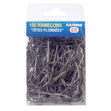 Boite de 100 HAMECONS TETE PLOMBEE angle de 60° - 6/0 - en stock - Hamecons Jig Moule barbarian