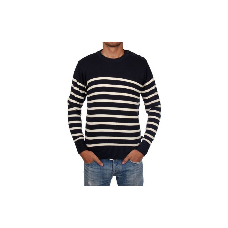 Pull marin homme, 3 boutons à l'épaule MARINE/ECRU T.S