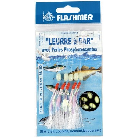 BAS DE LIGNE  FLASHMER LEURRE A BAR - LANGUETTES 5 HAMECONS 3-0 - en stock - Jeu de Plumes