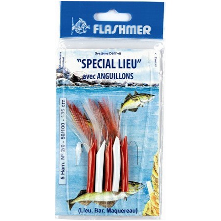 BAS DE LIGNE  FLASHMER SPECIAL LIEU 5 HAMECONS 2-O ROUGE-BLANC 