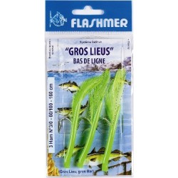 BAS DE LIGNE  FLASHMER GROS LIEU 3 HAMECONS 3-0 VERT JAUNE - en stock - Jeu de Plumes