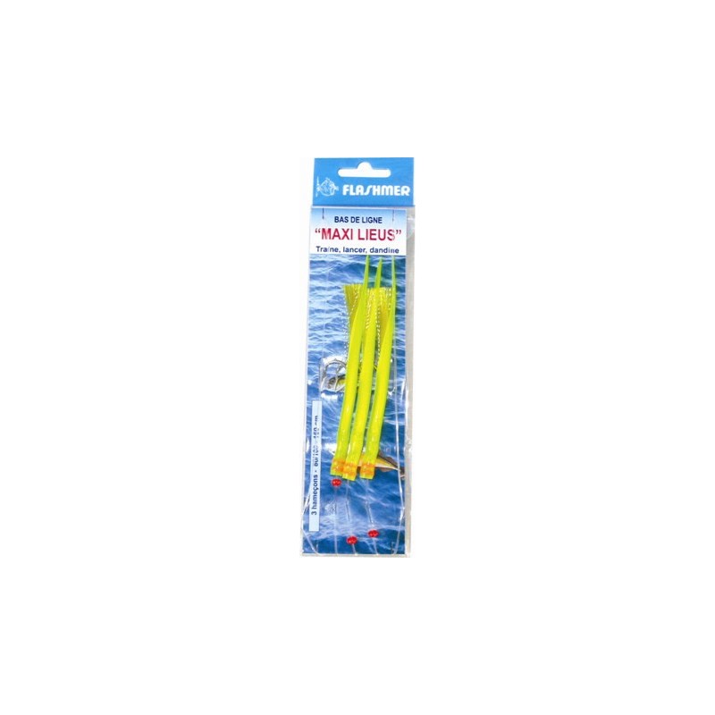 BAS DE LIGNE  FLASHMER MAXI LIEU 3 HAMECONS 5-0 JAUNE - en stock - Jeu de Plumes