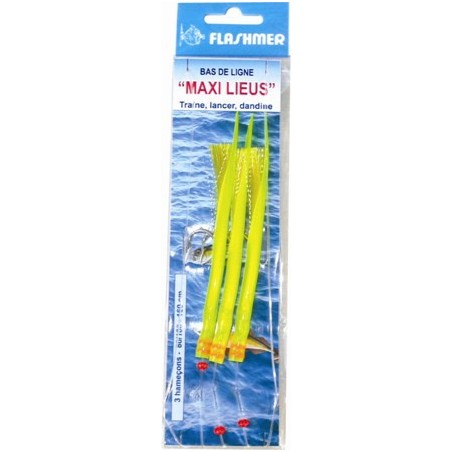 BAS DE LIGNE  FLASHMER MAXI LIEU 3 HAMECONS 5-0 JAUNE - en stock - Jeu de Plumes