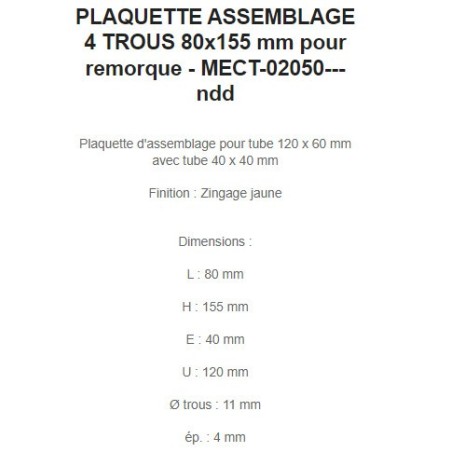 PLAQUETTE ASSEMBLAGE 4 TROUS 80x155 mm pour remorque - MECT-02050---
