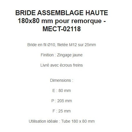 BRIDE ASSEMBLAGE HAUTE 180x80 mm pour remorque - MECT-02118