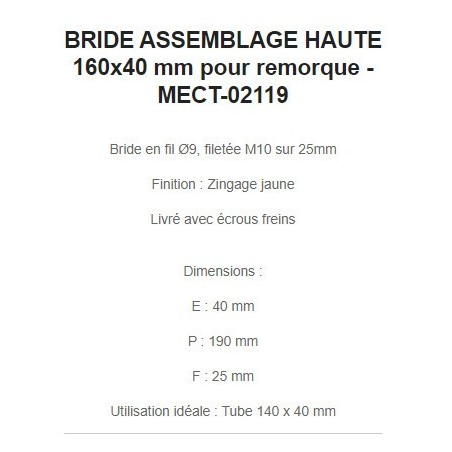 BRIDE ASSEMBLAGE HAUTE 165x40 mm pour remorque - MECT-02119 ---