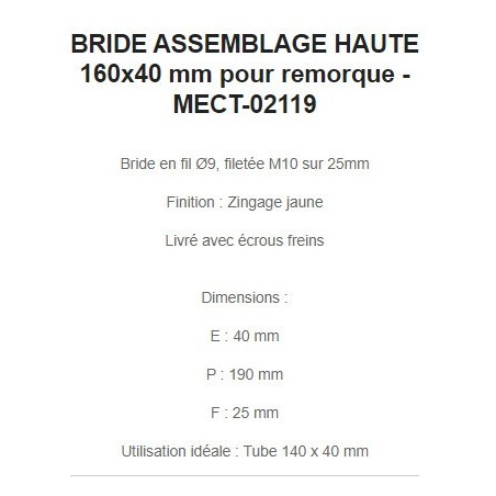 BRIDE ASSEMBLAGE HAUTE 165x40 mm pour remorque - MECT-02119