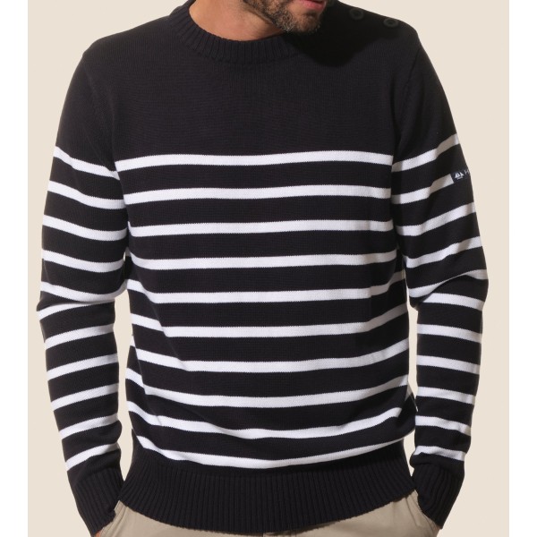 Pull marin homme, 3 boutons à l'épaule MARINE/ECRU T.M 