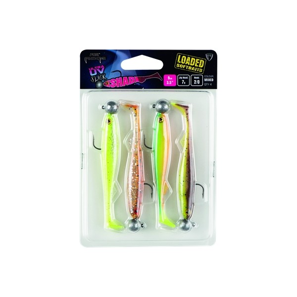 LEURRES FOX RAGE SLICK SHAD 11CM X4 MIX UV CP LD 10G 3/0