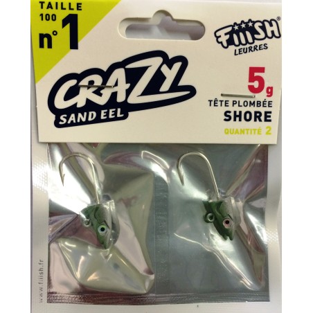 2 têtes plombées FIIISH CRAZY SAND EEL 100 Vert Nacré - Shore 5g CSE100   - en stock - Têtes Plombées