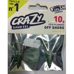 2 tetes plombées FIIISH CRAZY SAND EEL 100 Vert Nacré - Off Shore 10g CSE100